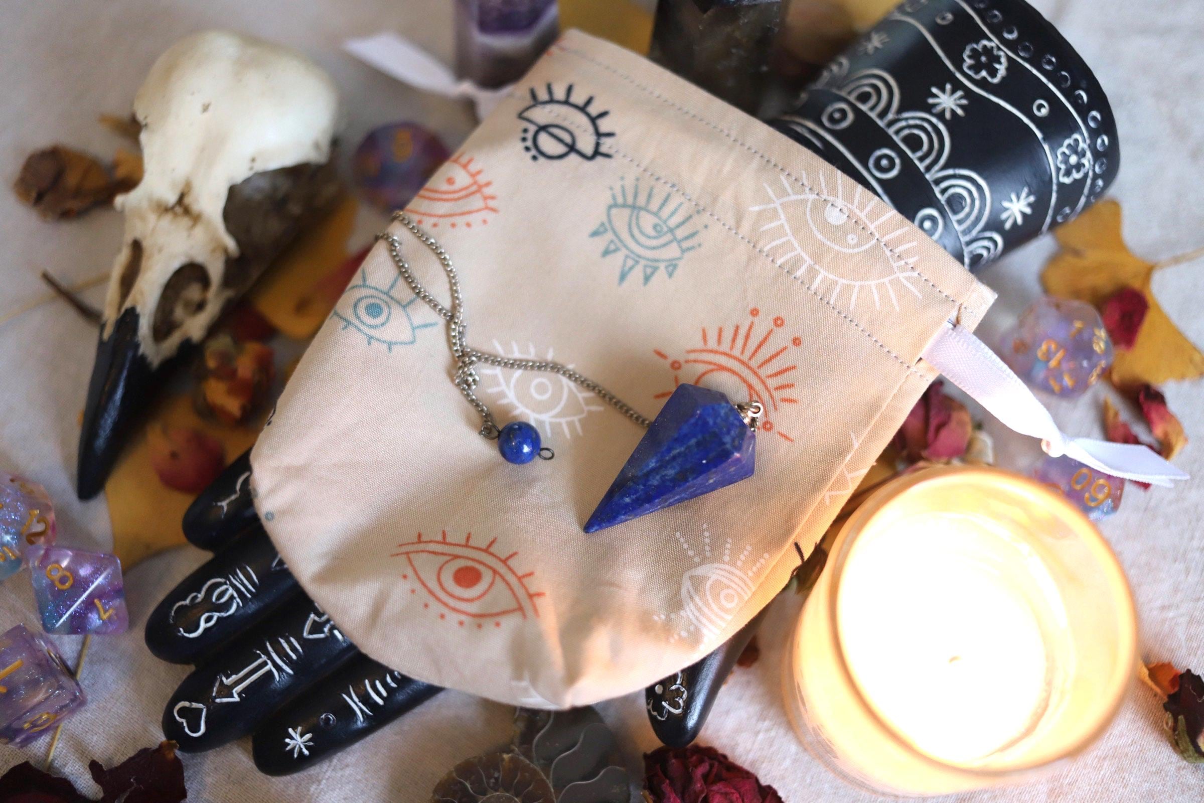 Extra Small Multicolored Evil Eye on Beige Pendulum Bag Drawstring 