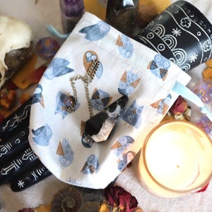 Extra Small Blue Owls Pendulum Bag Drawstring Sachet Crystal Pouch Dice Bag Handmade Fully Lined