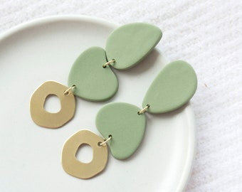 Asymmetric Brass Earrings Cool Earrings Olive Green Earrings Long Dangle Earrings