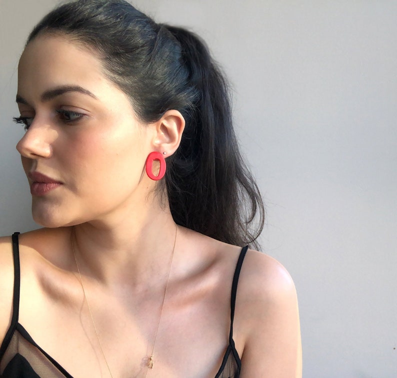 handmade modern lightweight earring Polymer Clay statement earring minimalist earrings Red Hoop Earrings