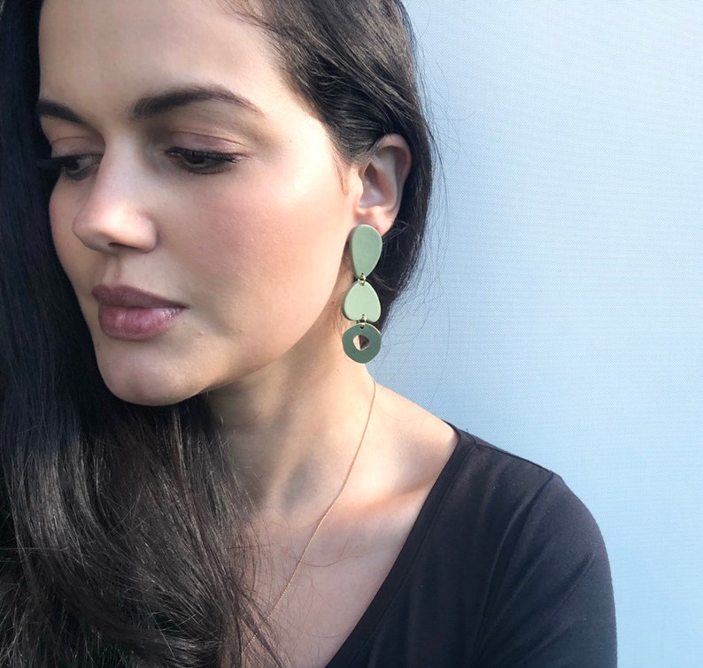 Asymmetric Brass Earrings Cool Earrings Olive Green Earrings Long Dangle Earrings