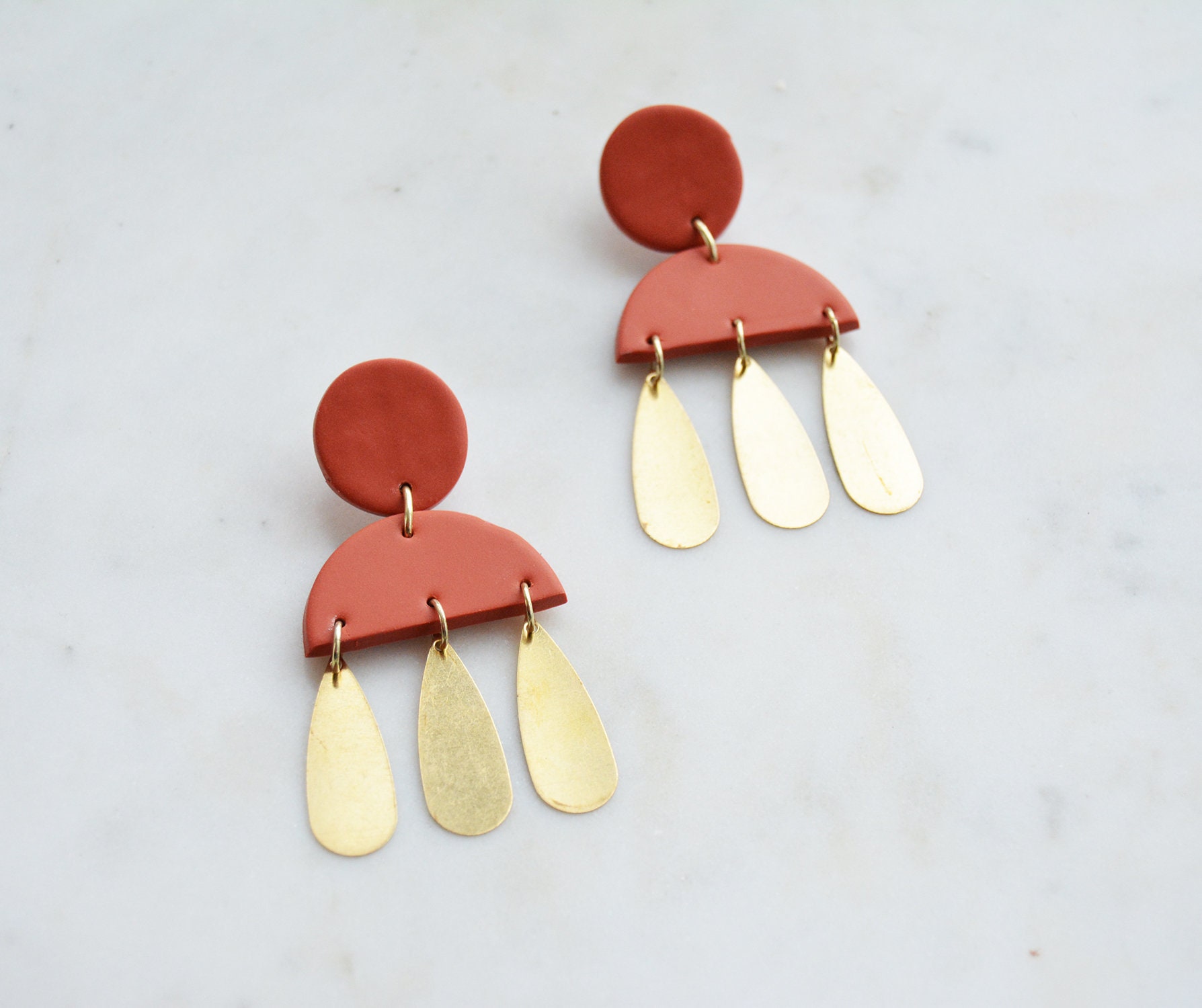 hook earrings in terra cotta Polymer clay statement earrings black and ivory