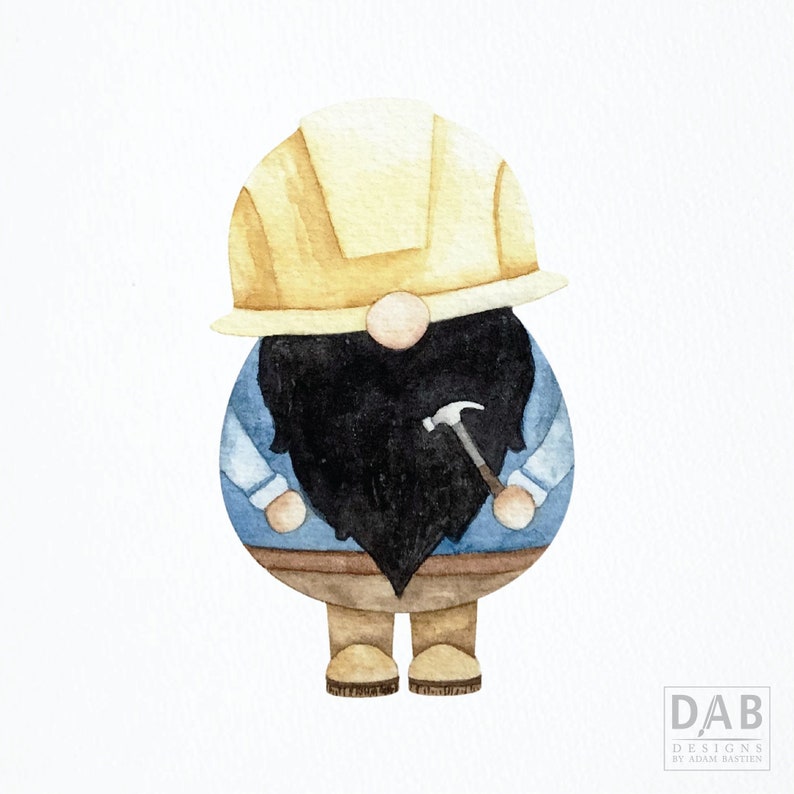 Gnome Construction Worker Watercolor Painting Artwork Print Etsy