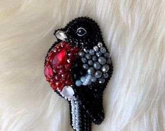 Bullfinch Beaded Brooch, Handmade Crystal Brooch, Embroidery Pin, Bird Accessory