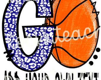 Puede incluir: Una letra G de estampado de leopardo azul y blanco con una pelota de baloncesto a su lado. El texto "ADD YOUR OWN TEXT" está debajo de la imagen.