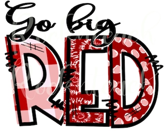 Op de afbeelding: Go big RED, een rode, witte en zwarte afbeelding met een geruit, tie-dye en stippenpatroon.