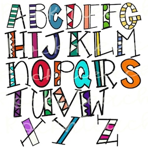 Clipart de alfabeto brilhante colorido, clipart de letras, letras desenhadas à mão