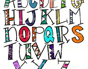 May include: A colorful alphabet with each letter decorated with different patterns and colors. The letters are outlined in black.