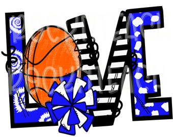 Puede incluir: Un diseño gráfico azul, blanco y negro de la palabra "LOVE" con un balón de baloncesto y un pompón azul y blanco.
