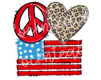 May include: A red peace sign, a brown and tan leopard print heart, and a red, white, and blue American flag with white stars.