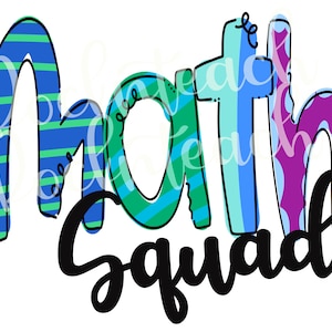 Könnte beinhalten: Ein farbenfrohes Grafikdesign mit dem Text "Math Squad" in schwarzen Buchstaben. Das Wort "Math" ist in blauen, grünen und violetten Streifen und Punkten.