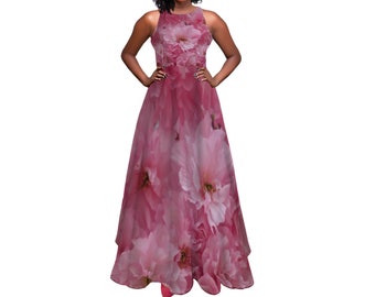 Women's Sleeveless Classic Maxi Dress in Cherry Blossoms Print | Maxi Dress | Elegant Dress | Prom Dress | Evening Dress