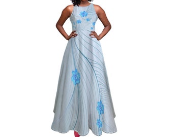 Women's Sleeveless Classic Maxi Dress in Blue Rose Waves Print | Maxi Dress | Elegant Dress | Prom Dress | Evening Dress