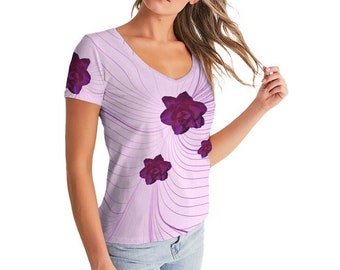 Women's V-Neck Tee in Purple Rose Waves Print | Women's Floral Shirt | Women's T-shirt