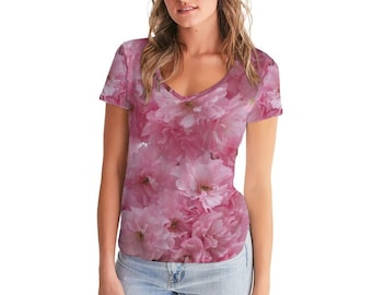 Women's V-Neck Tee in Cherry Blossoms Print | Women's Floral Shirt | Women's T-shirt