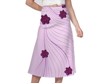 Women's A-Line Midi Skirt in Purple Rose Waves Print | Skirt for Women | Women's Skirt | Floral Skirts for Women