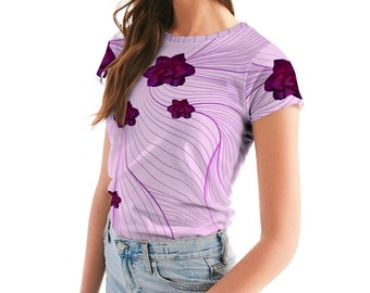 Women's Tee in Purple Rose Waves Print | Women's T-shirt | Women's Floral Shirt