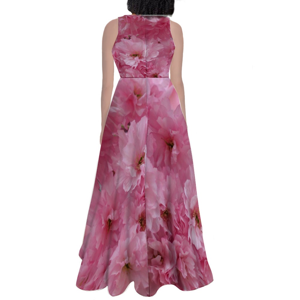 Women's Sleeveless Classic Maxi Dress in Cherry Blossoms Print Maxi