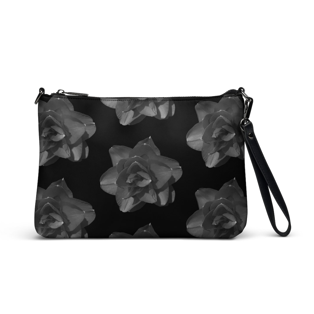 Vegan Leather Crossbody Purse in Black Rose Print Fashion Purse Vegan