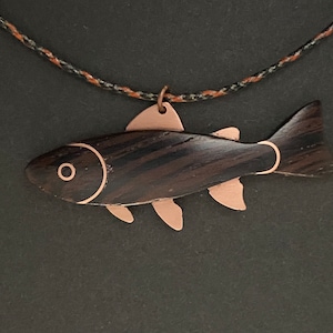 Trout Fish Horizontal, Copper, Wenge Wood, Custom Made Silk Fly Line,  Pendant Necklace 