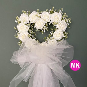 Ivory Rose Heart Wedding Wreath with Veil, Bridal Shower Door Tullu Wreath,  Wedding Deco for  Door