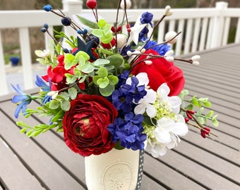 Patriotic Flower Arrangement in Mason Jar, Patriotic Centerpiece ,  Red white and Blue July 4th Deco, Handmade Summer Gift