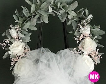 Wedding Wreath: Lamb's Ear, Rose & Baby's Breath with Tulle Ribbon