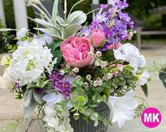 Flower Centerpiece  in Galvanized Bucket, Valentine Day Flower, Luxury Mother's day gift, Pink Purple White Floral Arrangement