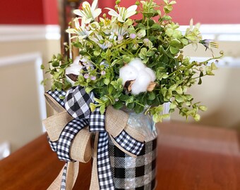 Rustic Farmhouse Floral Arrangement in a Buffalo Check Galvanized Metal Container