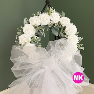White Roses and Lambs Ear Veil Wedding Wreath- Bridal Shower Door Wreath with Tulle-Wedding Deco- Handmade Wedding Gift