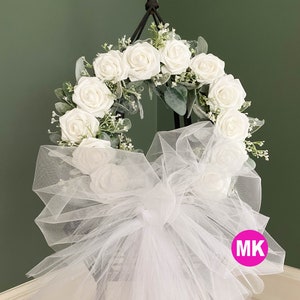 White Rose & Lambs Ear Wedding Wreath with Tulle Veil