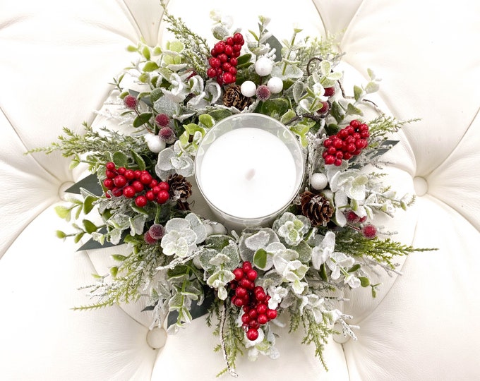 Icy Christmas Candle Ring Wreath, Holiday Floral Candle Wreath ,small