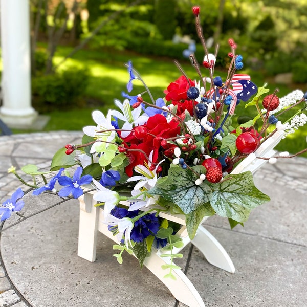 Patriotic Flower Arrangement on a Beach Chair, Patriotic Centerpiece , Red white and Blue July 4th Deco on Adirondack Chair, Summer Gift