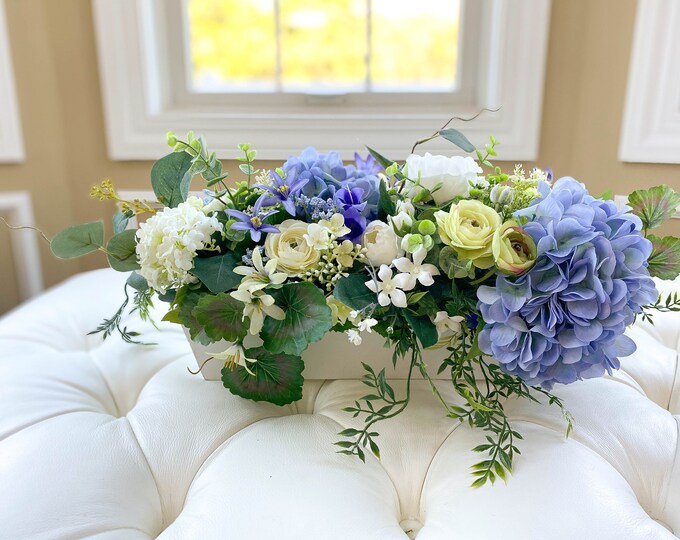 Blue Hydrangea Centerpiece, Blue and White Silk Flower Dining Table