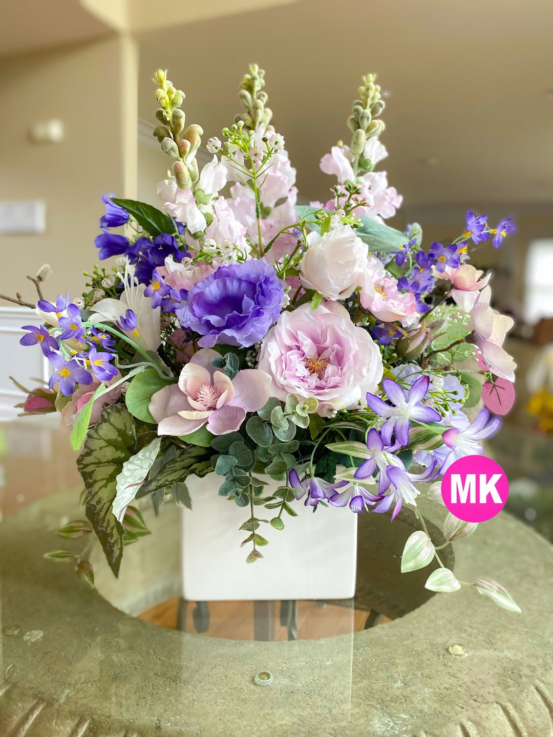 Light Pink and Purple Flower Arrangement in White Ceramic Base, Tall