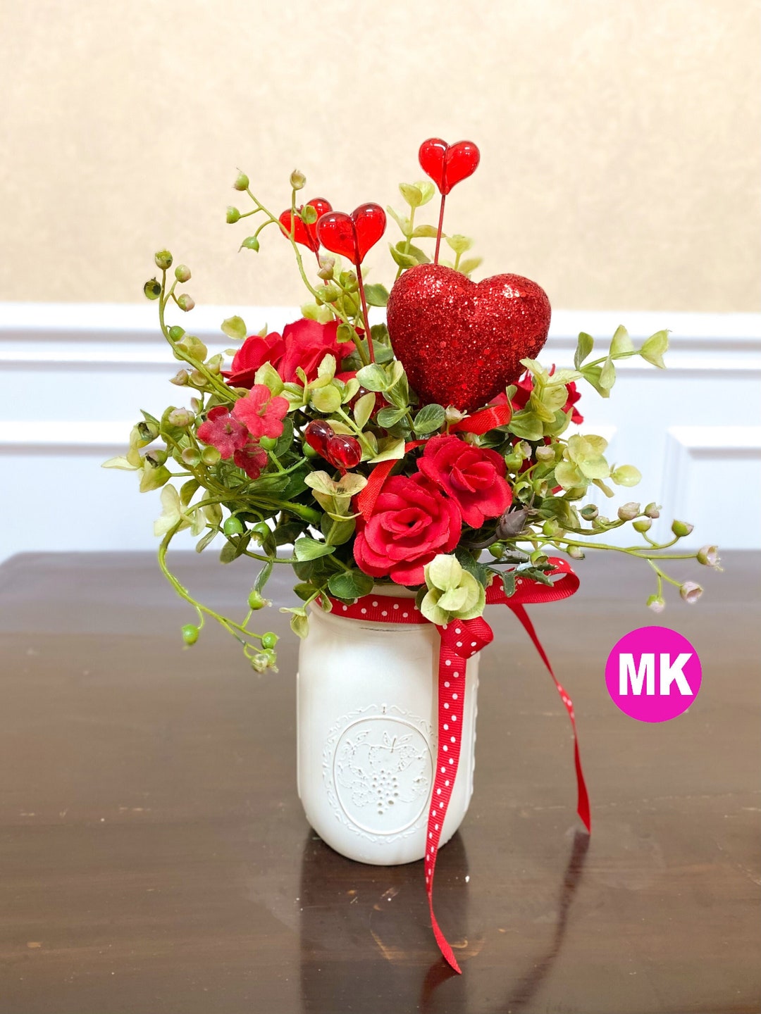 Valentine Day Flower Arrangement in Mason Jar, Valentine's Centerpiece