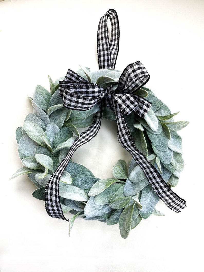 Mini Lambs Ear Wreath With White and Black Buffalo Check Etsy