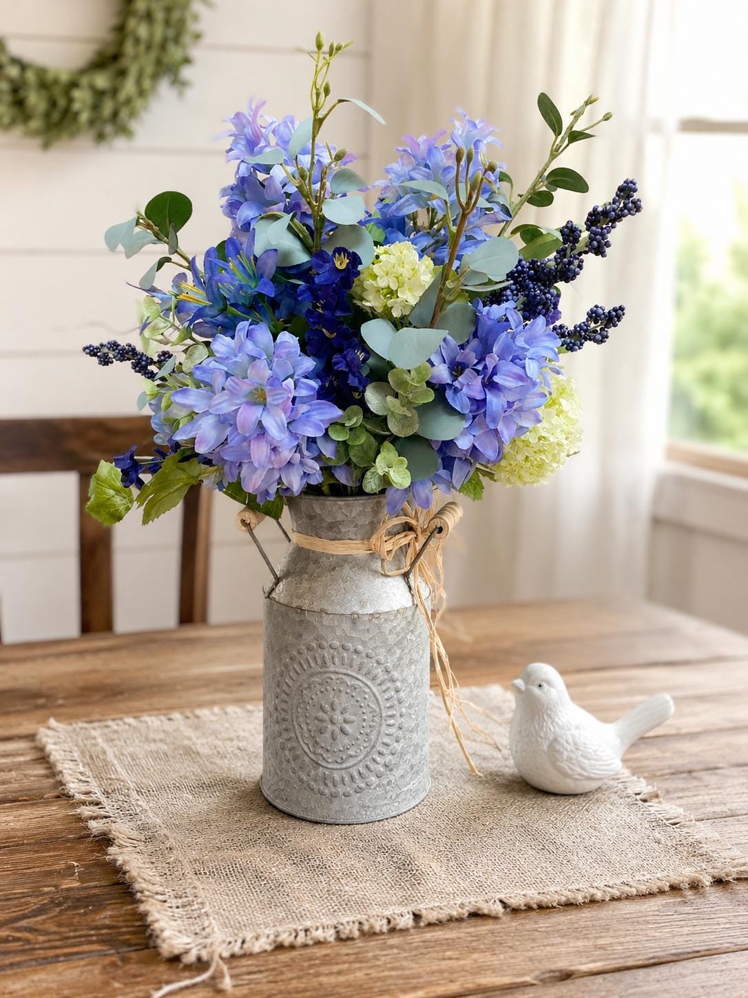 Farmhouse Blue Hyacinth Arrangement: Embossed Metal Milk