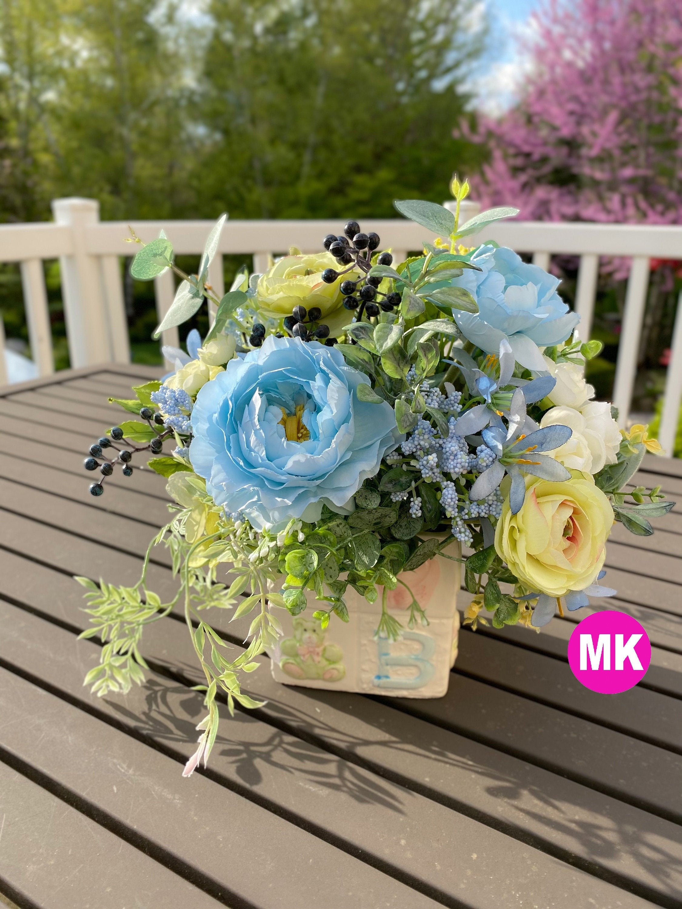 Baby Shower Centerpiece: Sky Blue Floral Arrangement in Alphabet Block -  Etsy, image size:2250x3000