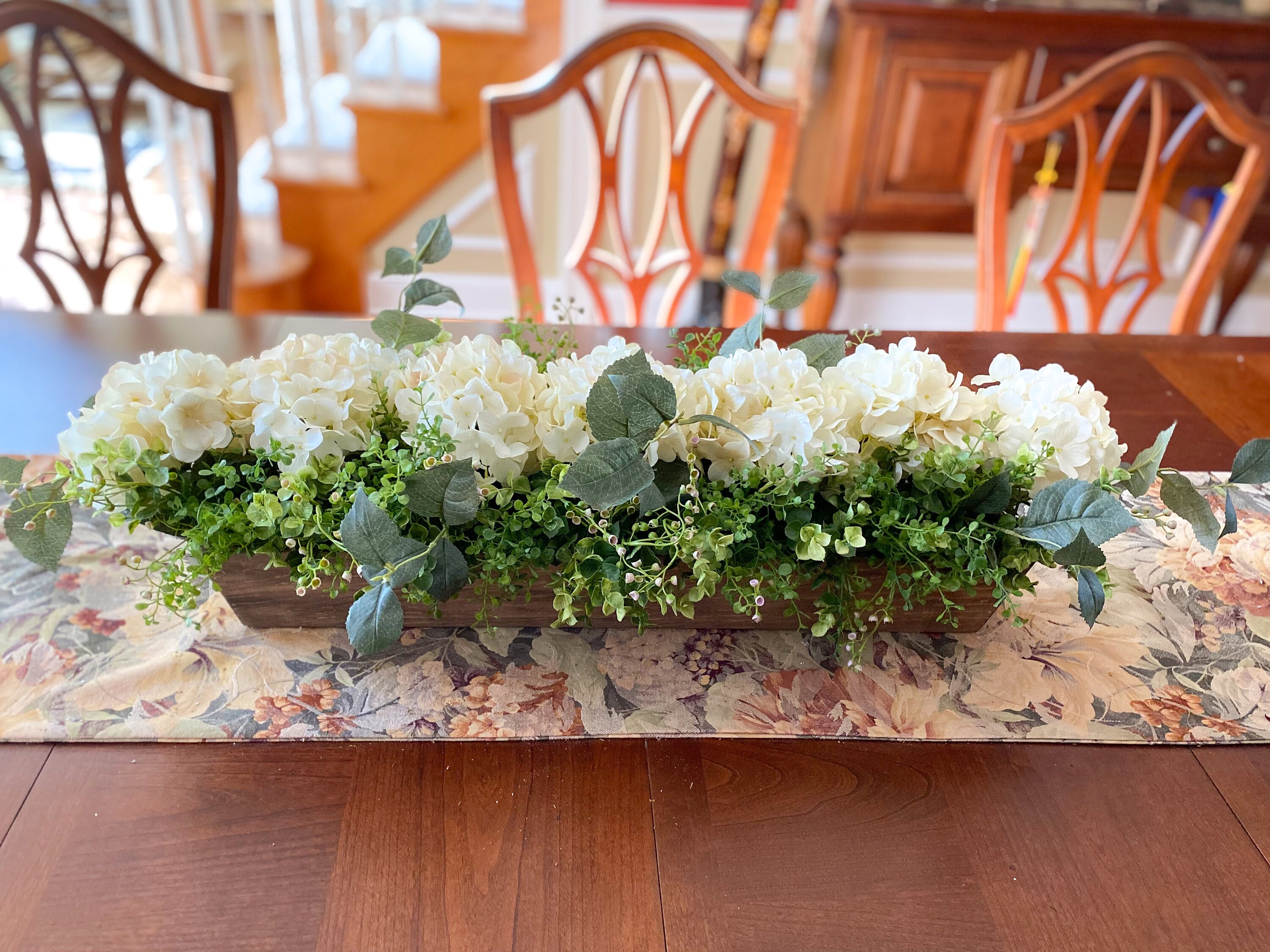 32 Inch Long Farmhouse Hydrangea Centerpiece with Greenery Etsy