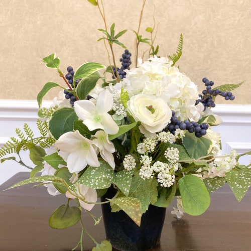 Farmhouse Hydrangea Arrangement, Silk Flower Centerpiece, White and online Blue Floral Design