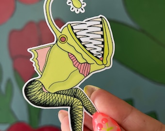 Weirdcore Art Sticker – Trippy Angler Fish with Fishnet Legs | Surreal Aesthetic Weirdcore Gift for Alt Girl, Indie Kid, or Y2K Lover