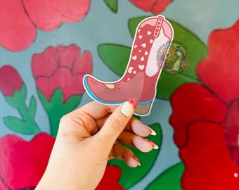 Pink Cowgirl Boot Sticker – Western Heart Design, Water Resistant
