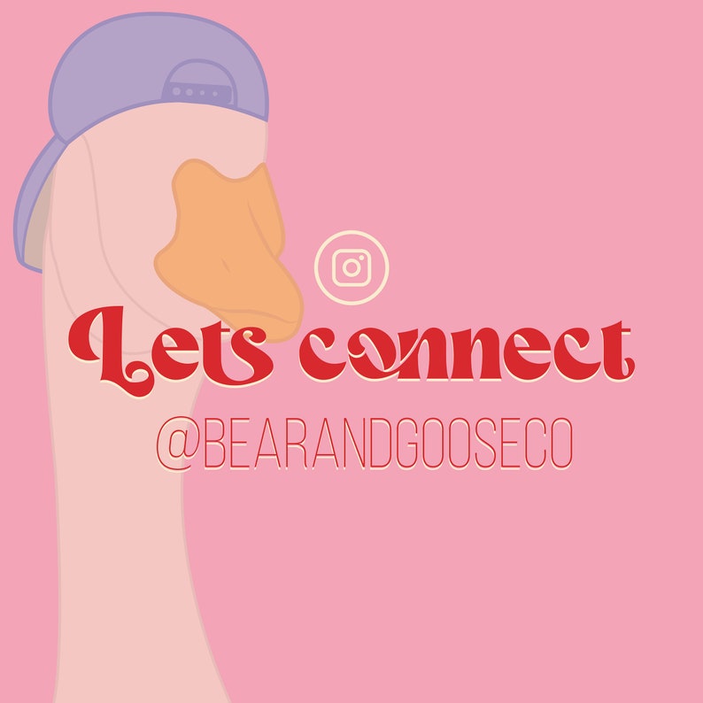 May include: A cartoon goose wearing a purple baseball cap with the text "Lets connect @BEARANDGOOSECO" and an Instagram icon.