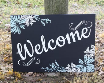 Welcome Sign with flowers hand painted wooden sign
