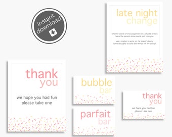 Sprinkle Baby Shower Package: Diaper Activity, Parfait Bar, Bubble Bar, Thank You Signs