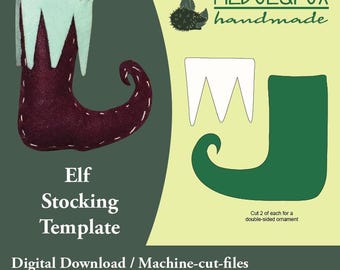 May include: An elf stocking template in burgundy, mint green, and white. The image includes a finished stocking, a template, and the text "Elf Stocking Template" and "Digital Download / Machine-cut-files". The Hedge & Fox handmade logo is also visible.