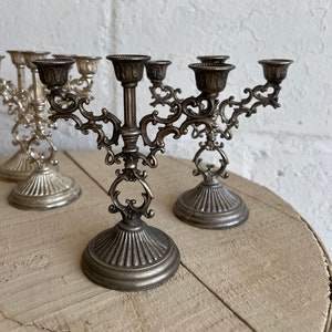 Vintage Mini Silverplate or Brass Candelabra | 5" Tall | 3-Arm Small Candle Holder, Silver Candelabra, Hong Kong, 3 Options