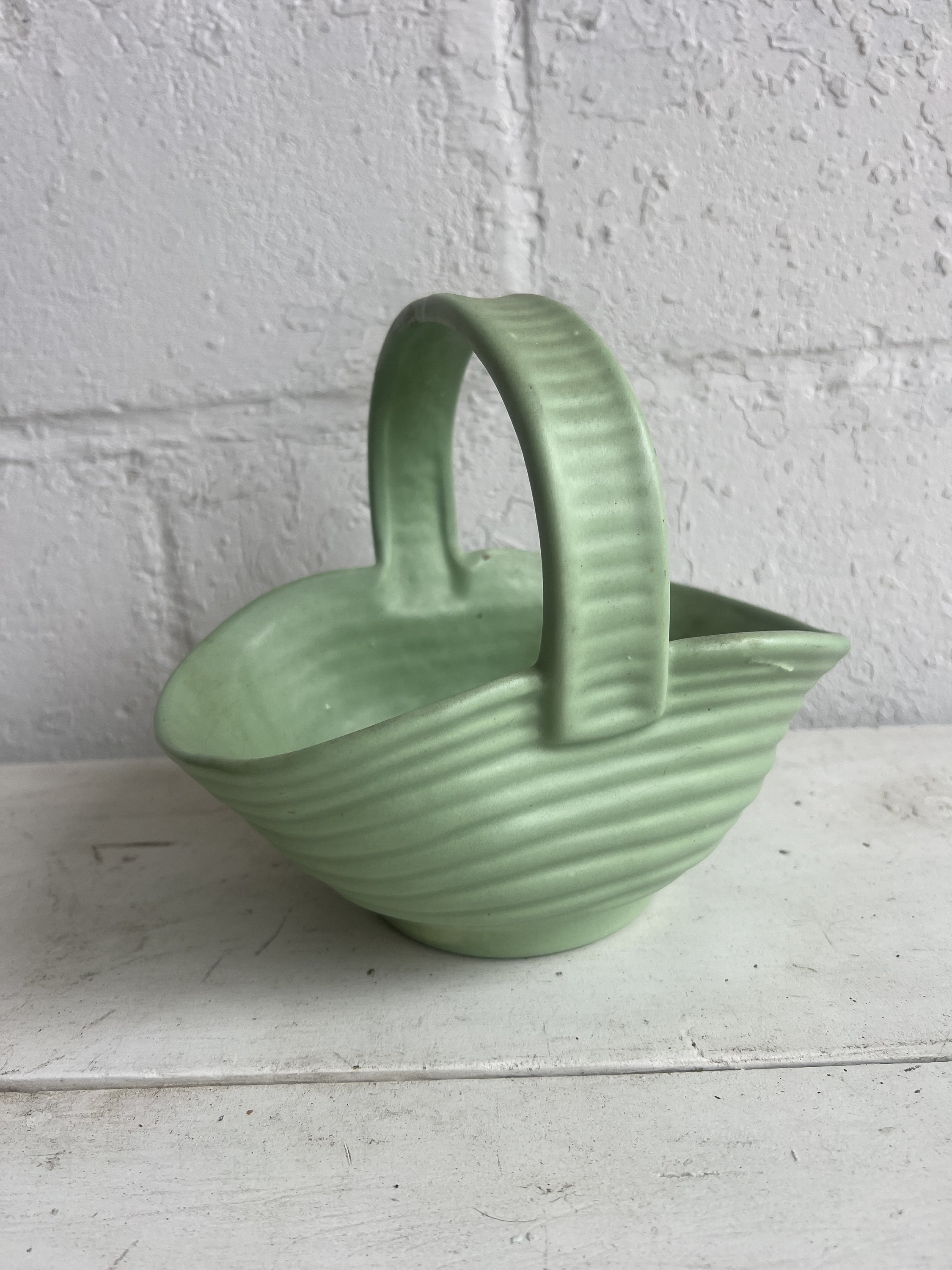 Vintage Matte Green Ceramic Basket | 8