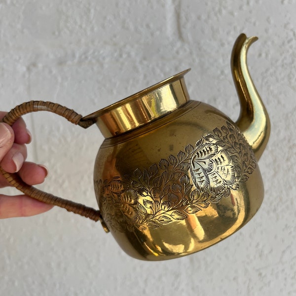 Vintage Brass Engraved Teapot with Woven Handle, India Brass Pitcher, No Lid